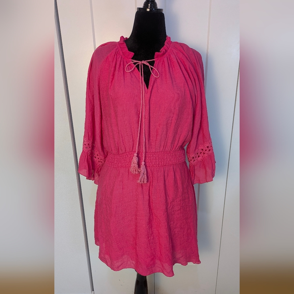 Fuchsia Pink Smocked Poplin Lace Embroidered Mini Dress Pullover Sz L - Picture 3 of 14